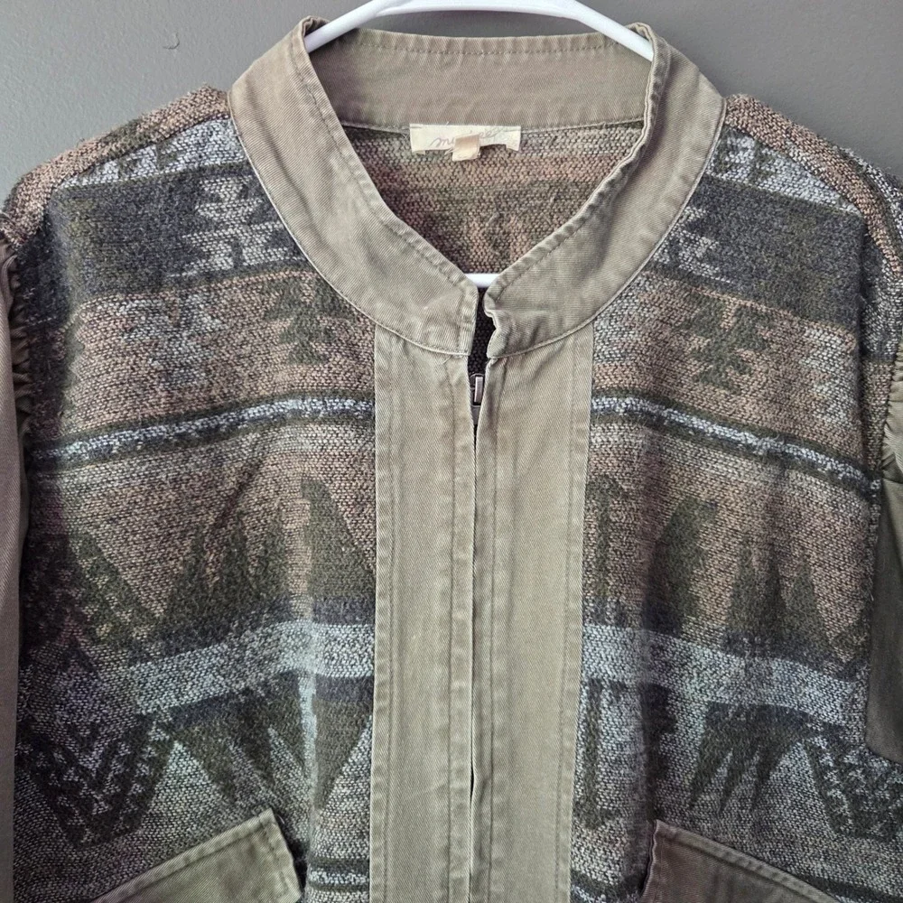 Mystree Womens Aztec Western Mixed Media Bomber Jacket Olive Green Large